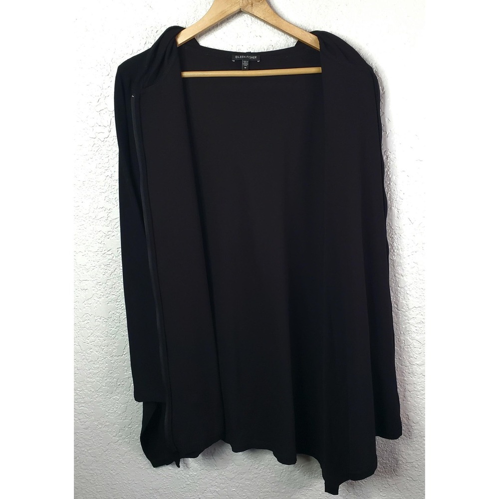 Eileen Fisher Jacket Womens Medium Black Hooded Zip Front Cardigan Hanky Hem - Picture 11 of 16